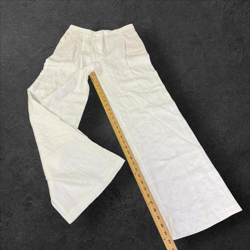 Mango MNG White 100%‎ Linen Wide Leg Pleated Trousers High Rise Women Size 6